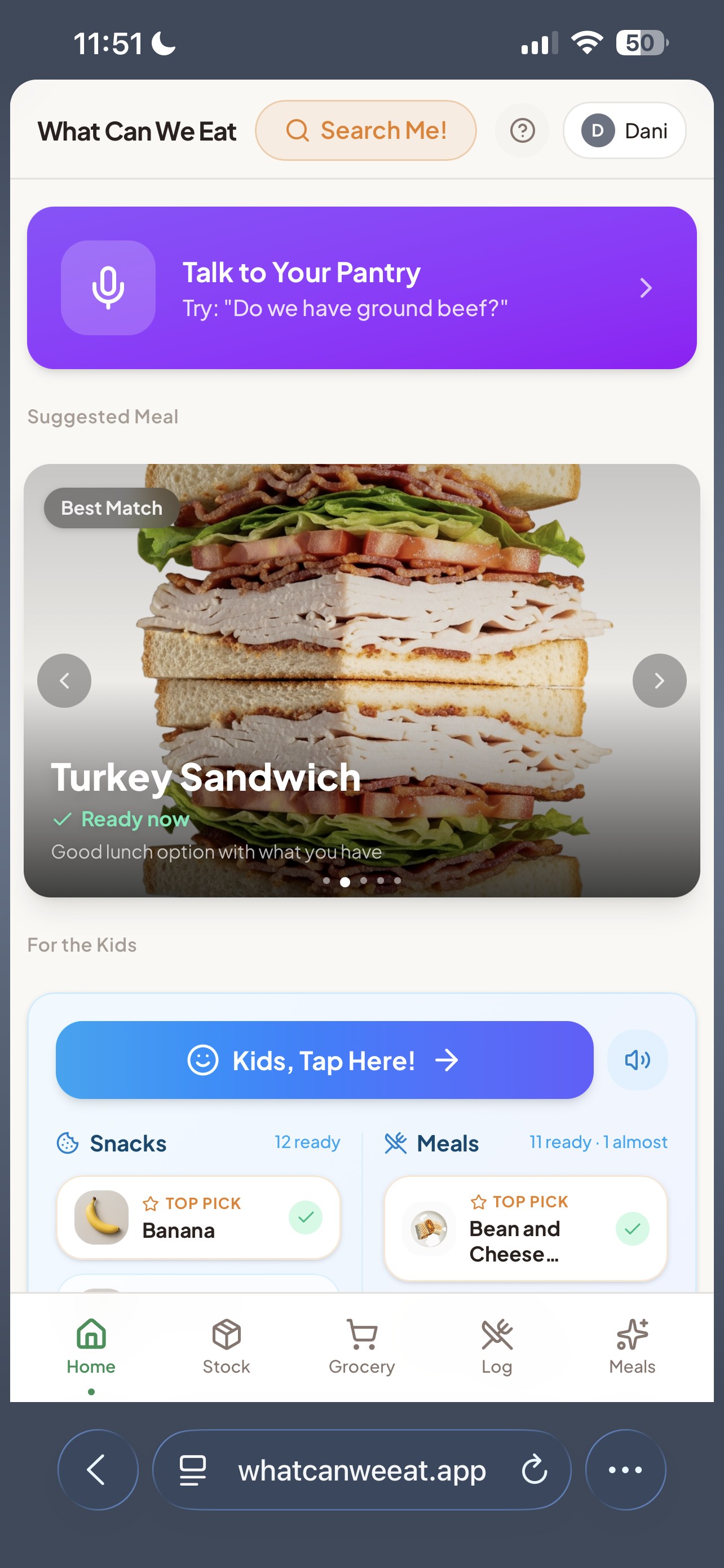 What Can We Eat app — home screen showing a ready-now meal
